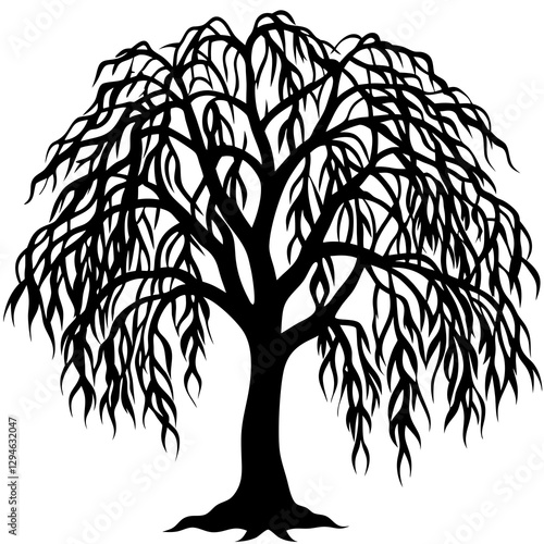 a detailed silhouette of a weeping willow tree, branches gracefully cascading downwards