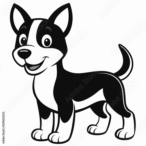 A cute cartoon of a happy dog with black and white fur