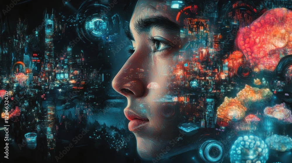 A digital art piece featuring a woman's face with a futuristic cityscape in the background. A digital art piece featuring a woman's face with a futuristic cityscape in the background.