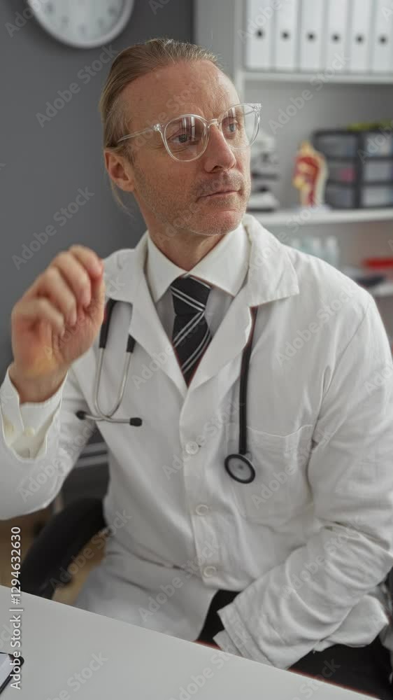 Doctor smiling in clinic dressed in white coat and stethoscope, holding glasses, sitting confidently in medical office showcasing professionalism and expertise. Doctor smiling in clinic dressed in white coat and stethoscope, holding glasses, sitting confidently in medical office showcasing professionalism and expertise.