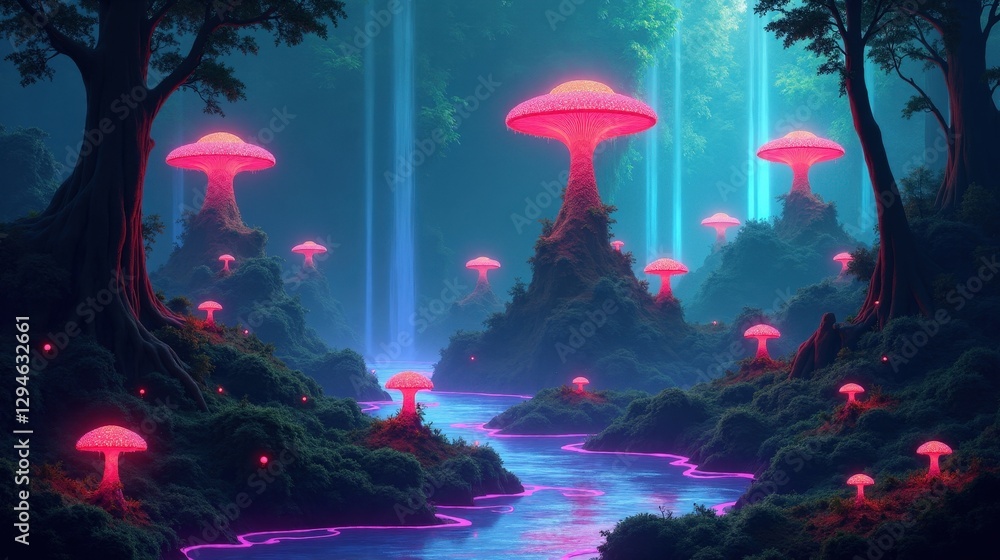 A dense jungle world filled with towering bioluminescent fungi, glowing mist drifting through the air, and neon rivers pulsing with unknown energy in Magical Realism. A dense jungle world filled with towering bioluminescent fungi, glowing mist drifting through the air, and neon rivers pulsing with unknown energy in Magical Realism.