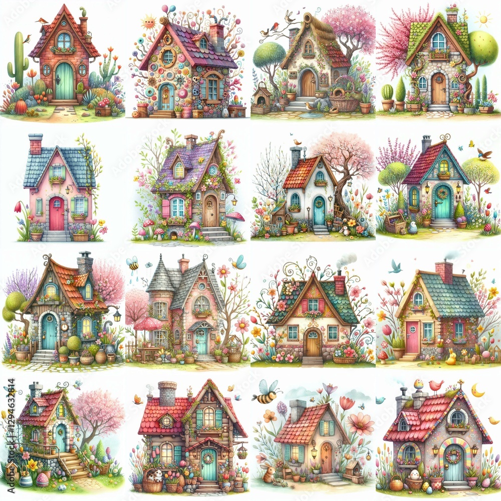 Obraz premium Watercolor Spring House. AI generated illustration