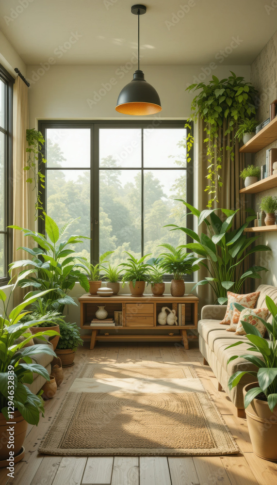 Sunroom with sofa, indoor plant, window, cabinet, wooden floor, and hanging light looks so fresh and calm Sunroom with sofa, indoor plant, window, cabinet, wooden floor, and hanging light looks so fresh and calm