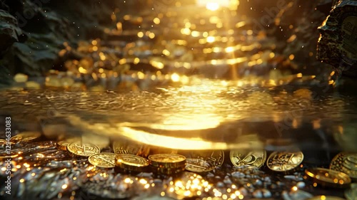 Gold coins were scattered on the wet stone steps, and golden sunlight illuminated the area, reflecting the gleaming gold