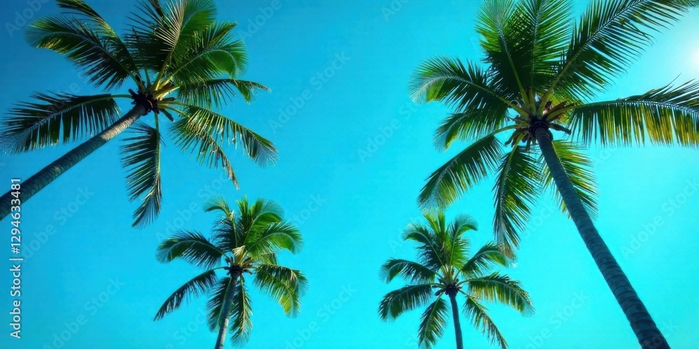 Tropical Paradise Four Lush Palm Trees Reaching for a Vivid Azure Sky Tropical Paradise Four Lush Palm Trees Reaching for a Vivid Azure Sky