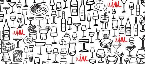 Isolated vector set of wine and alcoholic beverage glasses and tumblers. Hand drawn sketch.Red and black drawing on white background.Cocktails, martini, whiskey, cognac, vodka, gin tonic, beer, brandy