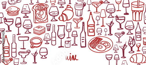 Isolated vector set of wine and alcoholic beverage glasses and tumblers. Hand drawn sketch.Red and black drawing on white background.Cocktails, martini, whiskey, cognac, vodka, gin tonic, beer, brandy