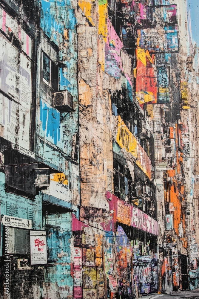Fototapeta premium Grunge buildings painted a colorful cityscape scene.