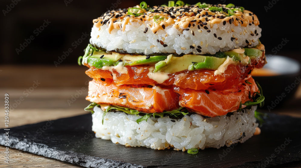 A gourmet sushi burger with layers of fresh salmon, avocado, and spicy mayo, sandwiched between two rice buns, served on a black slate plate A gourmet sushi burger with layers of fresh salmon, avocado, and spicy mayo, sandwiched between two rice buns, served on a black slate plate