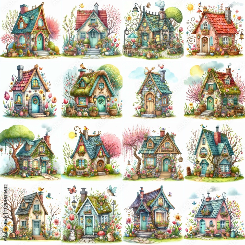 Obraz premium Watercolor Spring House. AI generated illustration