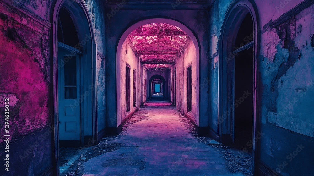 Obraz premium Neon-lit hallway in abandoned building.