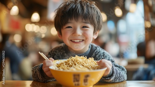 Wallpaper Mural Happy boy enjoying noodles at restaurant Torontodigital.ca