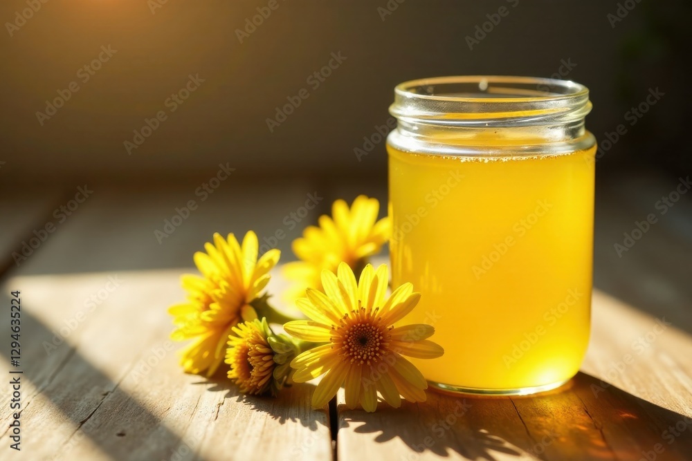 Golden nectar in a glass jar, bathed in sunlight, rests beside a cluster of vibrant yellow wildflowers on a rustic wooden surface. Golden nectar in a glass jar, bathed in sunlight, rests beside a cluster of vibrant yellow wildflowers on a rustic wooden surface.