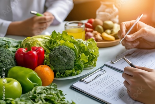 Image depicts dietitian consultation session with fresh vegetables and healthy food options. Concept focuses on dietitian consultation session for nutritional guidance and meal planning.