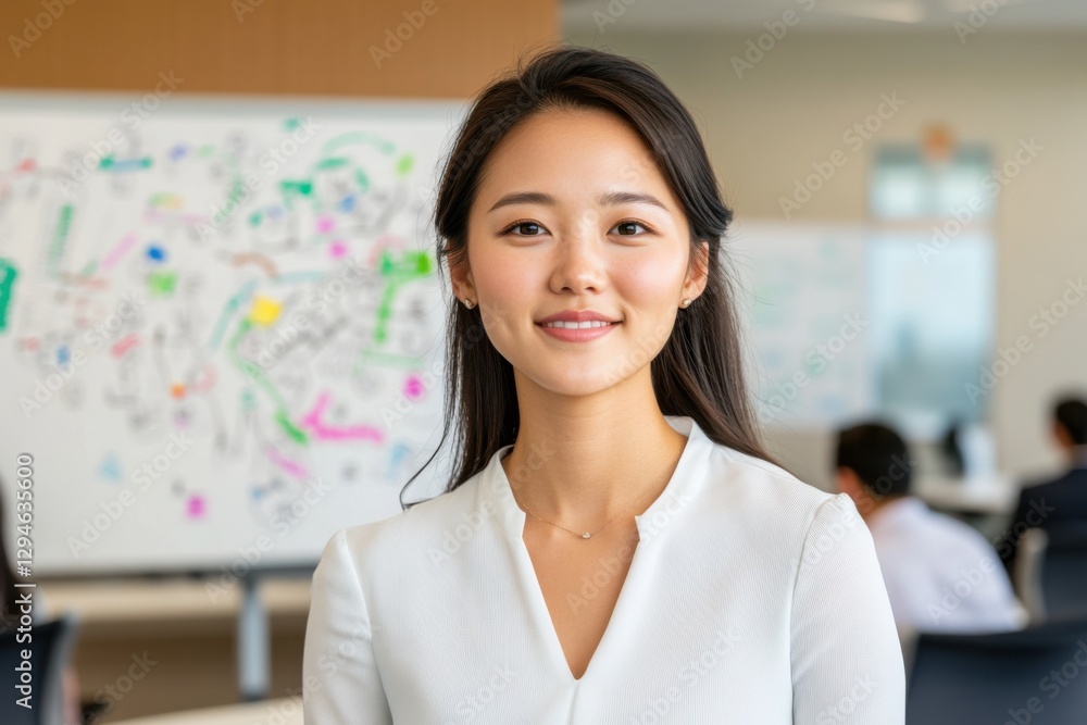 Professional woman smiles confidently in modern office setting while colleagues collaborate in the background during productive business meeting