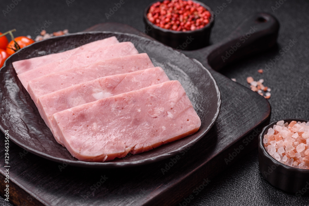 Delicious canned pink ham with salt, spices and herbs Delicious canned pink ham with salt, spices and herbs