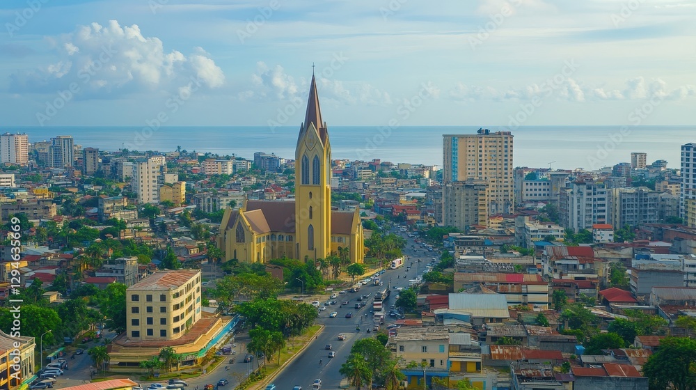 Obraz premium Stunning View of Abidjan's Business District in Ivory Coast with the Atlantic Ocean and Sky Overhead