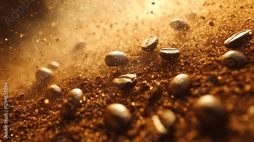 Golden Roasted Coffee Beans Explosion: A Macro Photography of Coffee Beans in Motion