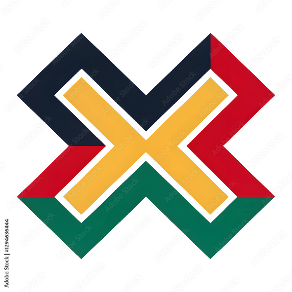 Bold logo design featuring interlocking geometric shapes in vibrant colors including navy blue, red, green, and yellow with copy space Bold logo design featuring interlocking geometric shapes in vibrant colors including navy blue, red, green, and yellow with copy space