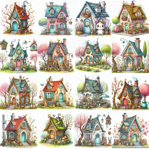 Watercolor Spring House. AI generated illustration