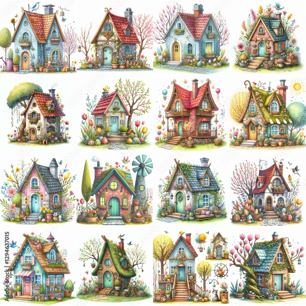 Obraz premium Watercolor Spring House. AI generated illustration