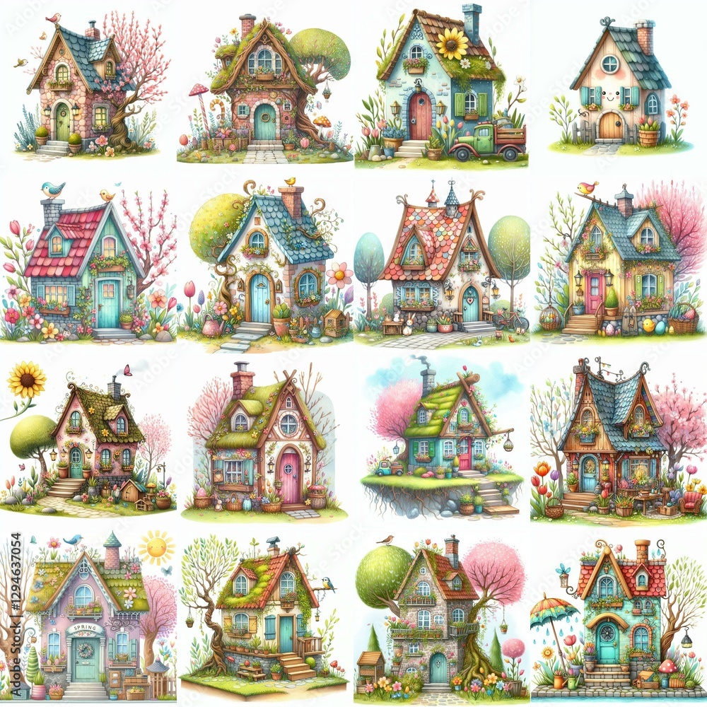 Obraz premium Watercolor Spring House. AI generated illustration