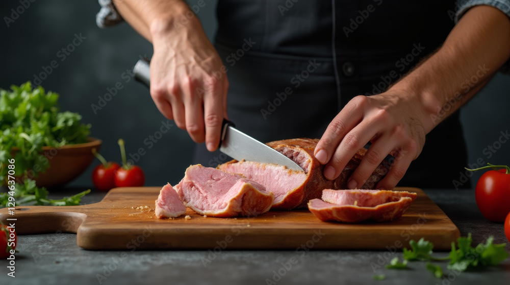 Male hands cutting ham with knife, dark background Male hands cutting ham with knife, dark background