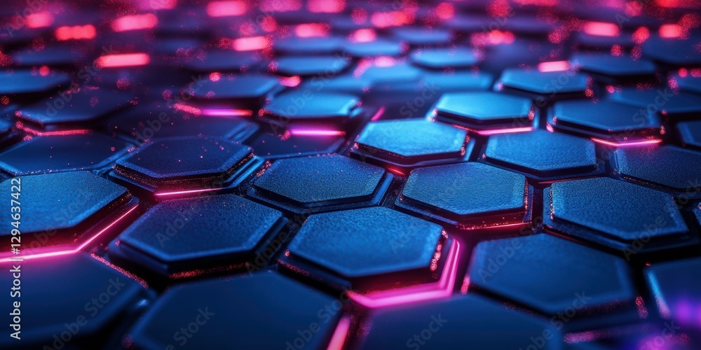 Vibrant hexagonal pattern illuminated by neon lights in a futuristic digital environment Vibrant hexagonal pattern illuminated by neon lights in a futuristic digital environment