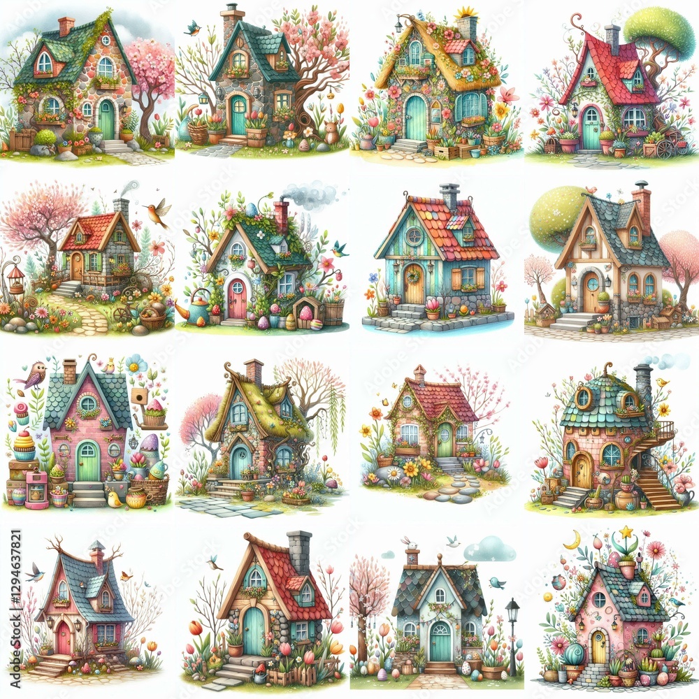 Obraz premium Watercolor Spring House. AI generated illustration