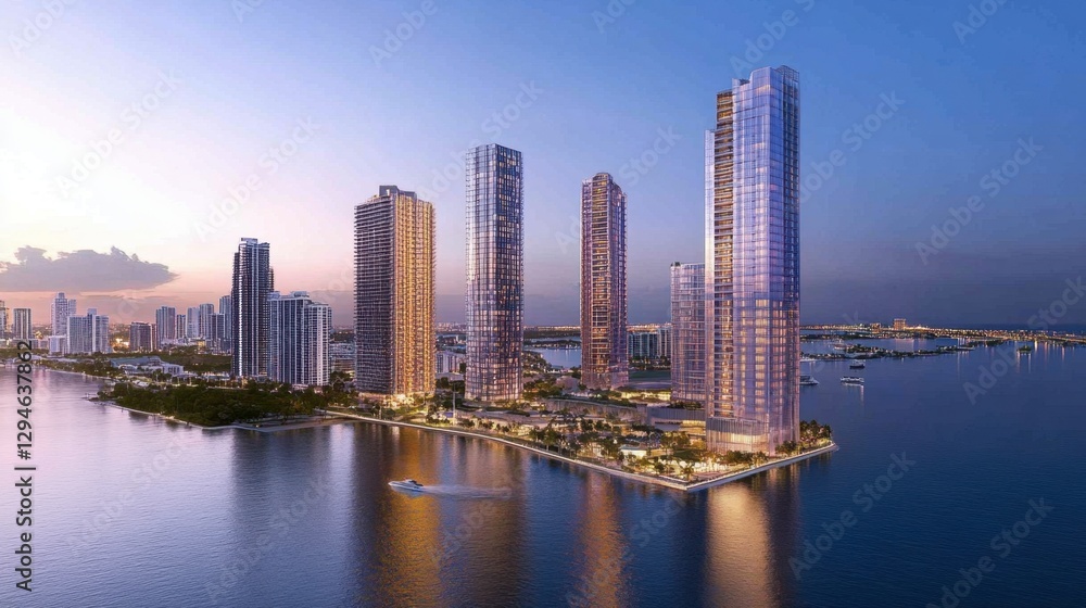 Fototapeta premium A beautifully lit skyline at twilight, with high-rise residential towers reflecting in a nearby body of water.