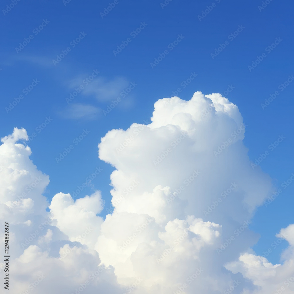 Naklejka premium Clear blue sky filled with fluffy, white clouds evokes tranquility, offering serene escape and sense of limitless possibilities