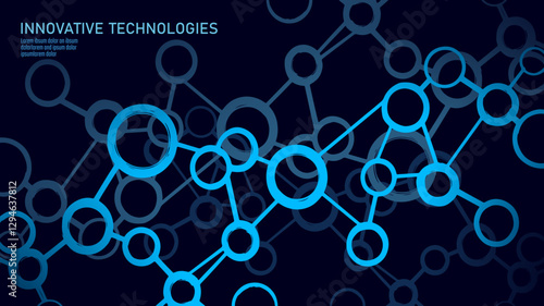 Abstract molecular structure network. Interconnected circular nodes form a complex system. Science, chemistry, and digital technology visualization. Minimalist vector art background.