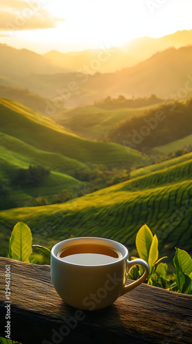 A cup of tea in the foreground, with green terraced fields and mountains behind it, bathed in warm sunlight at sunset

