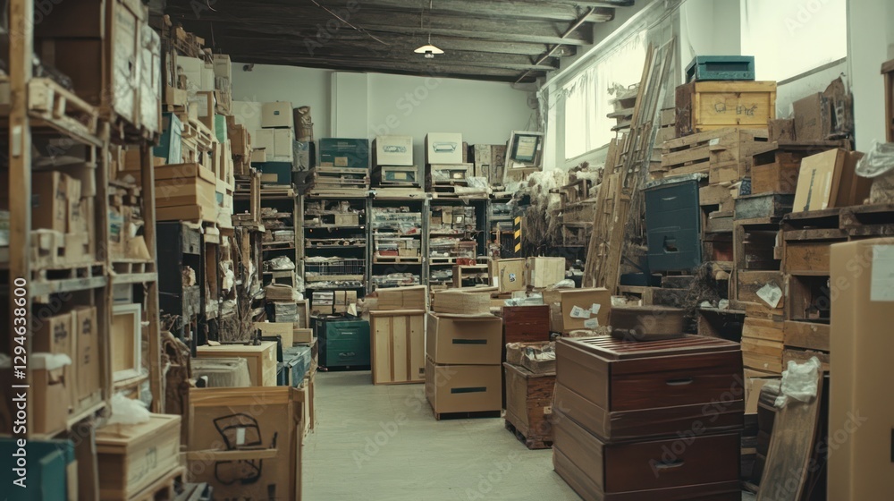 Obraz premium Organized storage room filled with various boxes and furniture