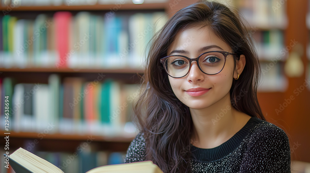 A smart college student with black hair and glasses enjoys studying in a quiet library, surrounded by books and a scholarly atmosphere.
