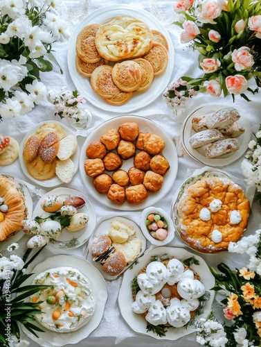 A delightful spread of sweet pastries and floral arrangements on a table. photo