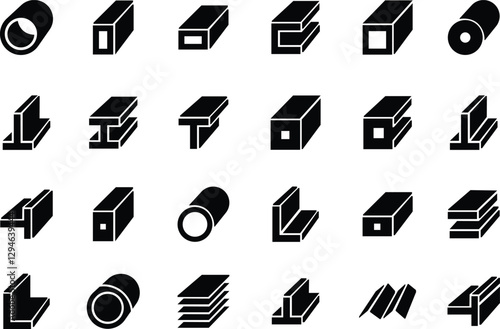 Steel products Stainless steel Metal sheet, coil, strip, pipe, armature metallurgy products, construction industry isolated on transparent background vector for apps or web
