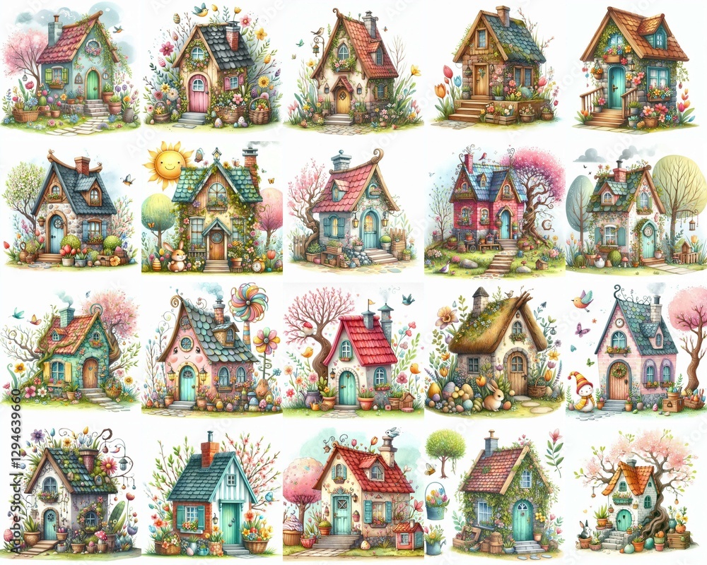 Naklejka premium Watercolor Spring House. AI generated illustration