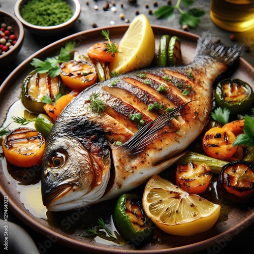 A beautifully arranged grilled fish platter with fresh herbs, lemon, and grilled vegetables, showcasing a delicious and healthy meal. Perfect for food blogs, culinary themes, or healthy eating photogr