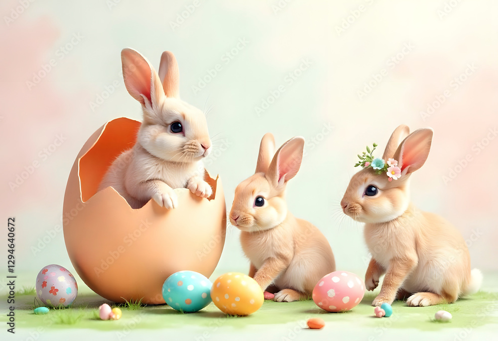 Fototapeta premium A pastel Easter scene where bunny is sitting in a big Easter egg, another is happily leaping mid-air, and a third watches them with a friendly expression. Around them, baby rabbits roll