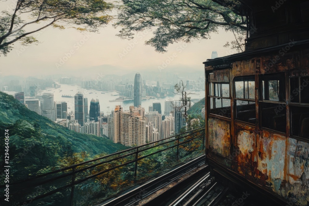 Naklejka premium Scenic Tram Ride at Victoria Peak, Capturing the Stunning Hong Kong Skyline