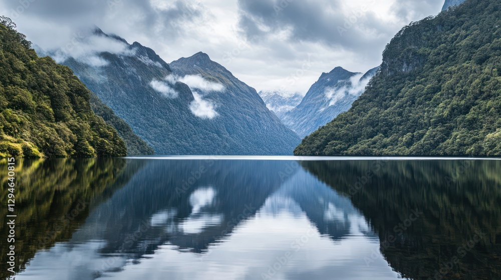 Naklejka premium A dramatic landscape of misty mountains rising from a still lake under overcast skies, the clouds casting a moody