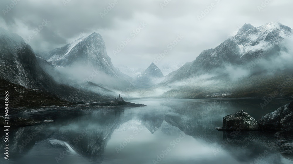 Fototapeta premium A dramatic landscape of misty mountains rising from a still lake under overcast skies, the clouds casting a moody