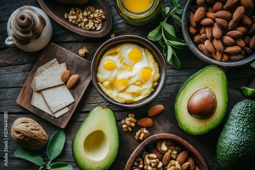 Colorful spread featuring ingredients for keto diet meal plan including eggs, avocados, nuts, and crackers. Concept emphasizes healthy eating for effective keto diet meal plan success. photo