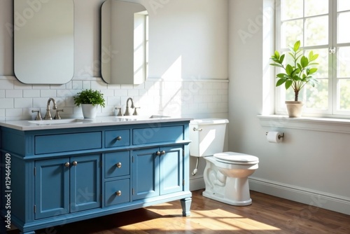 Bright sunlit bathroom featuring a blue double vanity with ample storage, paired with a classic white toilet and verdant potted plant