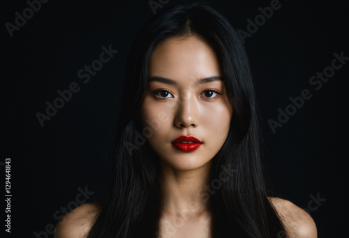 Wallpaper Mural asian woman with red lips on black background, long black hair, thoughtful and serious expression Torontodigital.ca