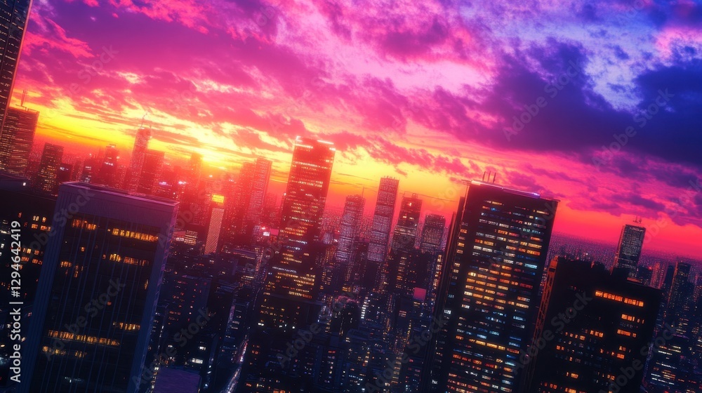 Fototapeta premium A dynamic city skyline with futuristic high-rise apartments, glowing brightly as night falls.