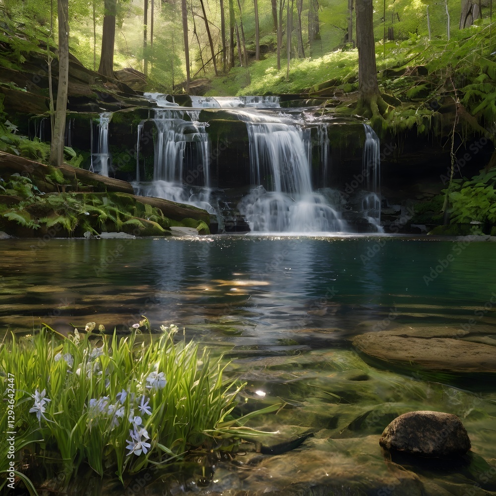 Tranquil Waterfall in a Spring Forest Tranquil Waterfall in a Spring Forest