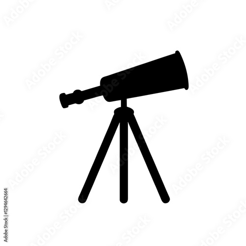 Minimalist black silhouette of a telescope on tripod against white background
