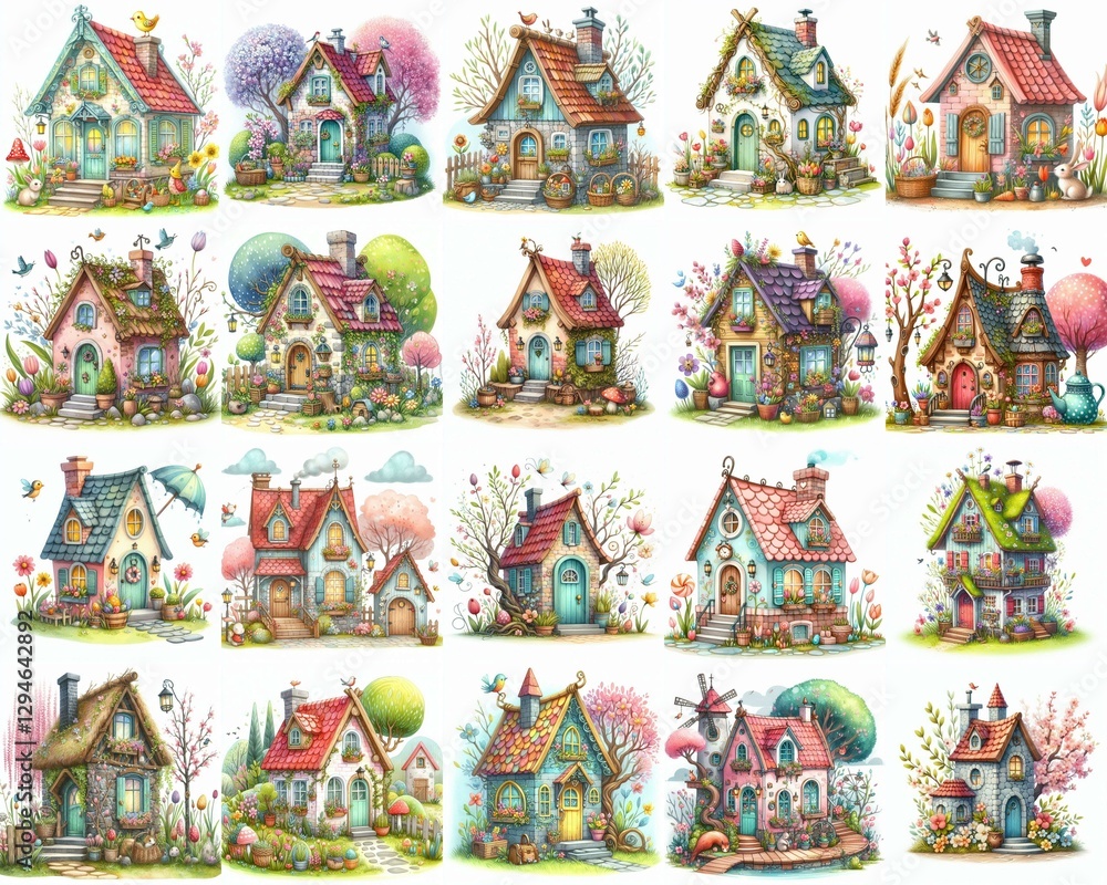 Naklejka premium Watercolor Spring House. AI generated illustration